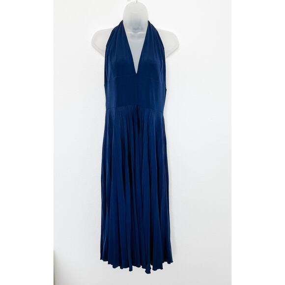 Max and Cleo Halter Pleated Midi Dress Navy Size Large‎ Minimalist Retro Glam - Picture 1 of 7